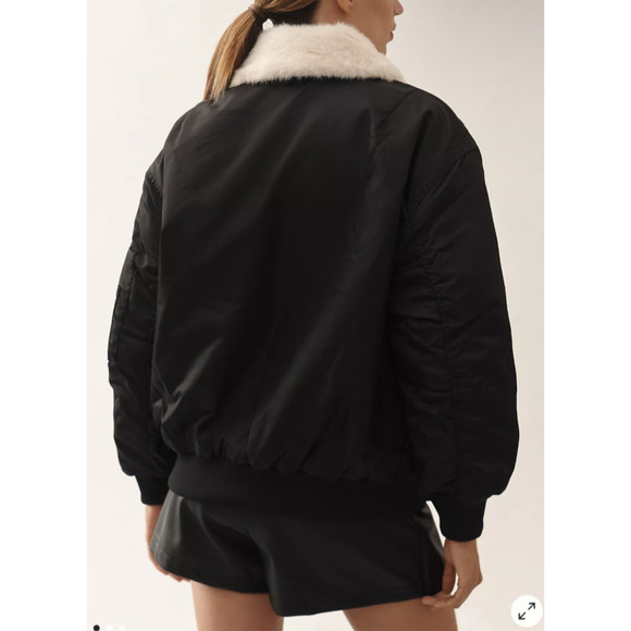 NVLT x Anthropologie Faux Fur Collar Bomber Jacket L Black Aviator Camo lined - Picture 3 of 10